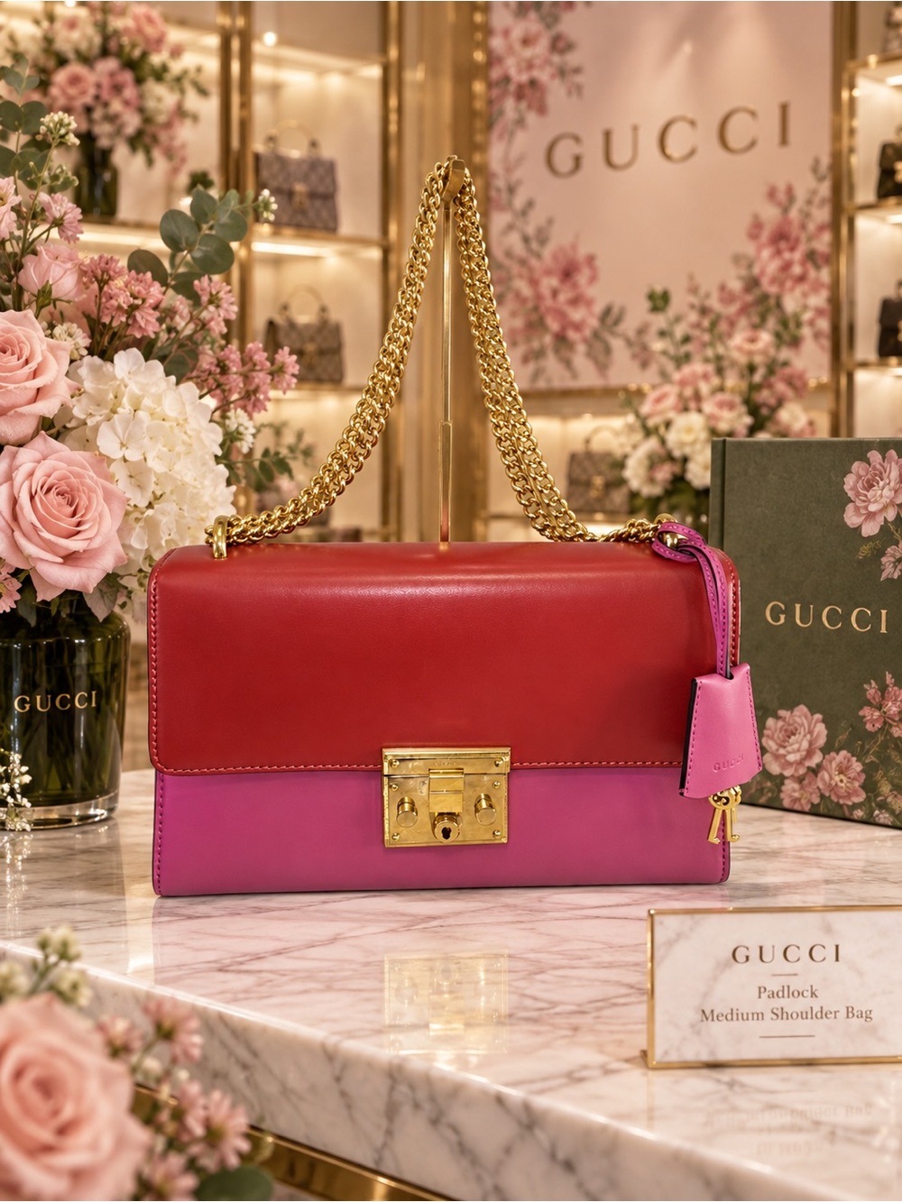 Gucci Medium Padlock Shoulder Bag 409486 Pink Red Leather Gold Chain with Keys